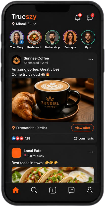 Trueszy app home feed showing local businesses and posts